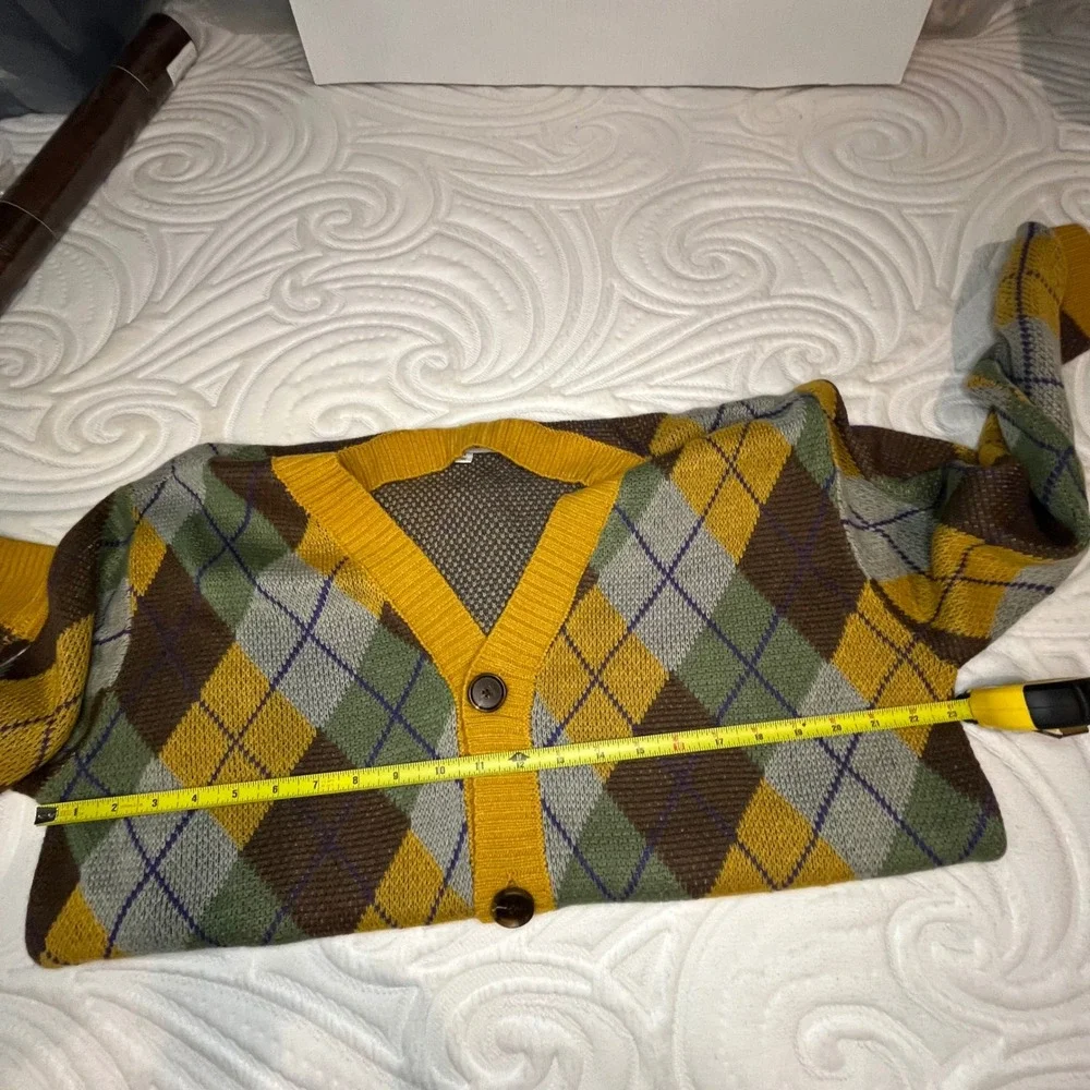 PacSun Mens Argyle Cardigan Yellow Green Brown V-Neck Button Front‎ Size M